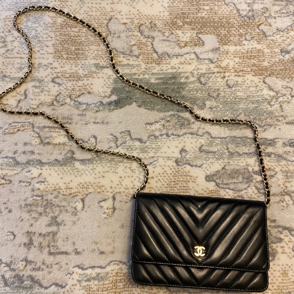 Black Chevron Leather WOC Wallet on Chain